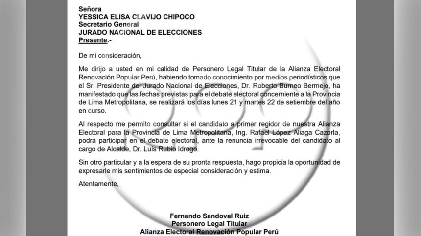 Carta enviada por Fernando Sandoval, personero legal de Renovación Popular al Jurado Nacional de Elecciones.