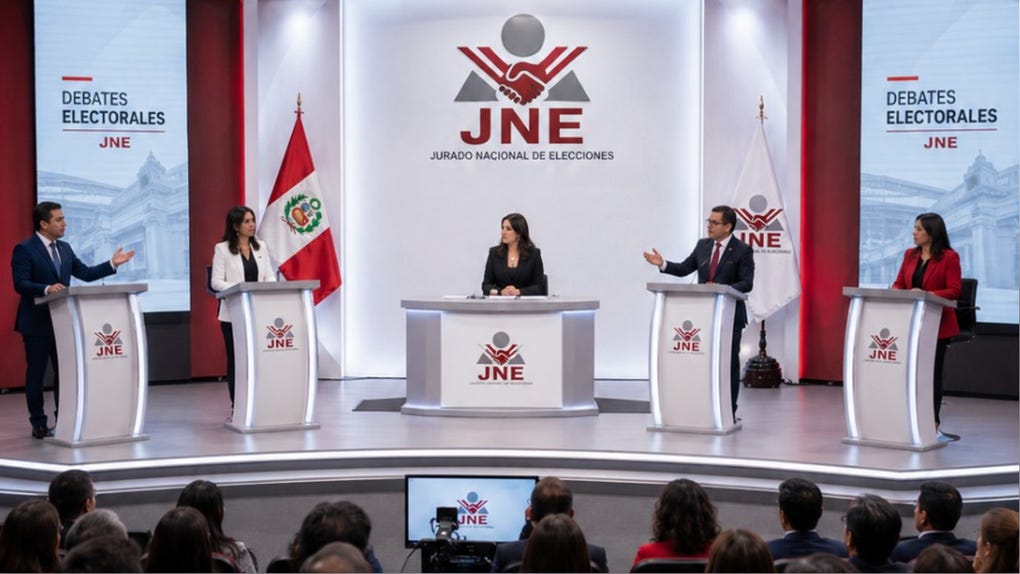 Imagen referencial de los debates electorales organizados por el JNE para las Elecciones Regionales y Municipales 2026. Elaborada con inteligencia artificial.