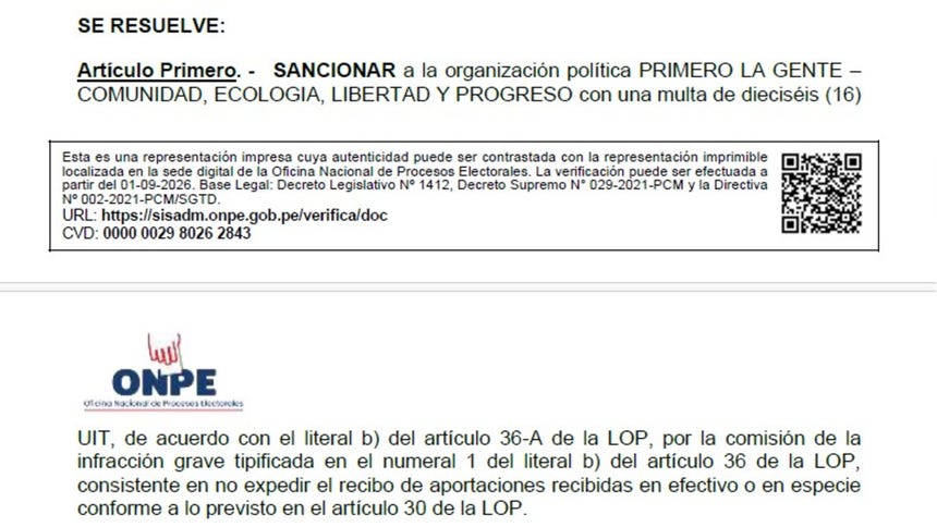 Parte resolutiva de la sanción impuesta por la ONPE al partido Primero La Gente