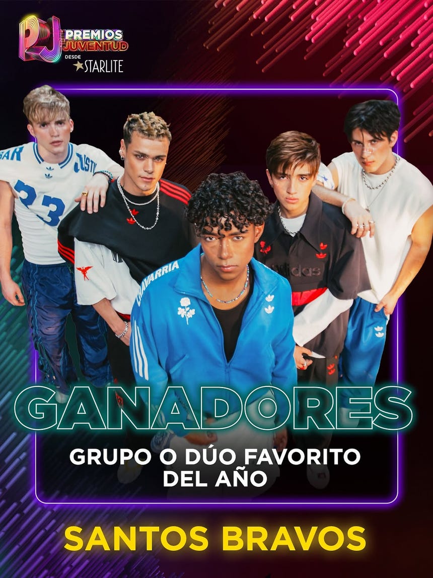 Santos Bravos consigue la categoría Grupo o Dúo Favorito del Año en los Premios Juventud 2026.