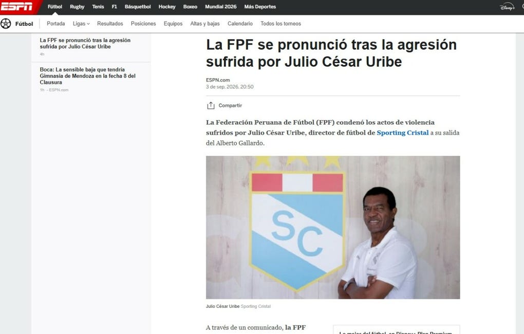 <strong>ESPN de Argentina:</strong> La FPF se pronunció tras la agresión sufrida por Julio César Uribe
