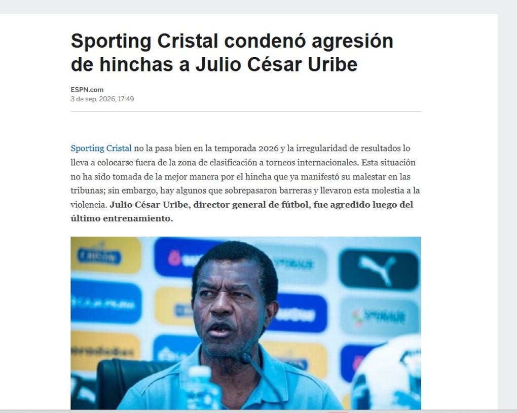 <strong>ESPN de Chile:</strong> Sporting Cristal condenó agresión de hinchas a Julio César Uribe