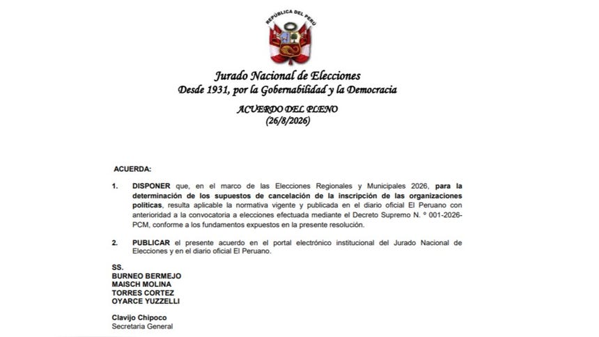 El Pleno del Jurado Nacional de Elecciones determinó que, para evaluar la cancelación de organizaciones políticas en las ERM 2026, se aplicará la normativa vigente antes de la convocatoria electoral. La decisión contó con el voto en minoría del magistrado Gunther Gonzales Barrón.