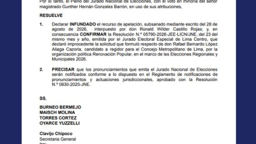 Rafael López Aliaga continúa como candidato a primer regidor de Lima por Renovación Popular, luego de que el JNE confirmara la improcedencia del pedido que buscaba excluirlo de la contienda electoral.