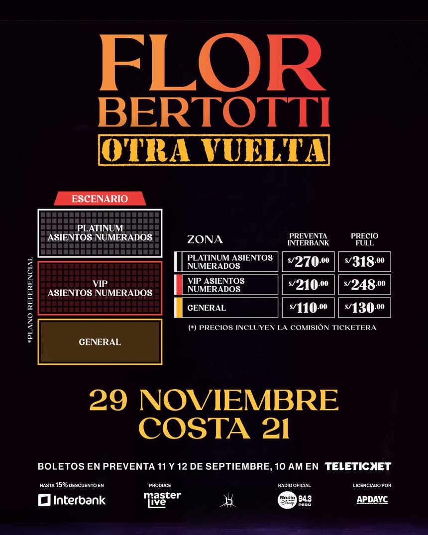 La preventa para el concierto de Flor Bertotti será el 11 y 12 de septiembre desde las 10 a. m. en Teleticket.