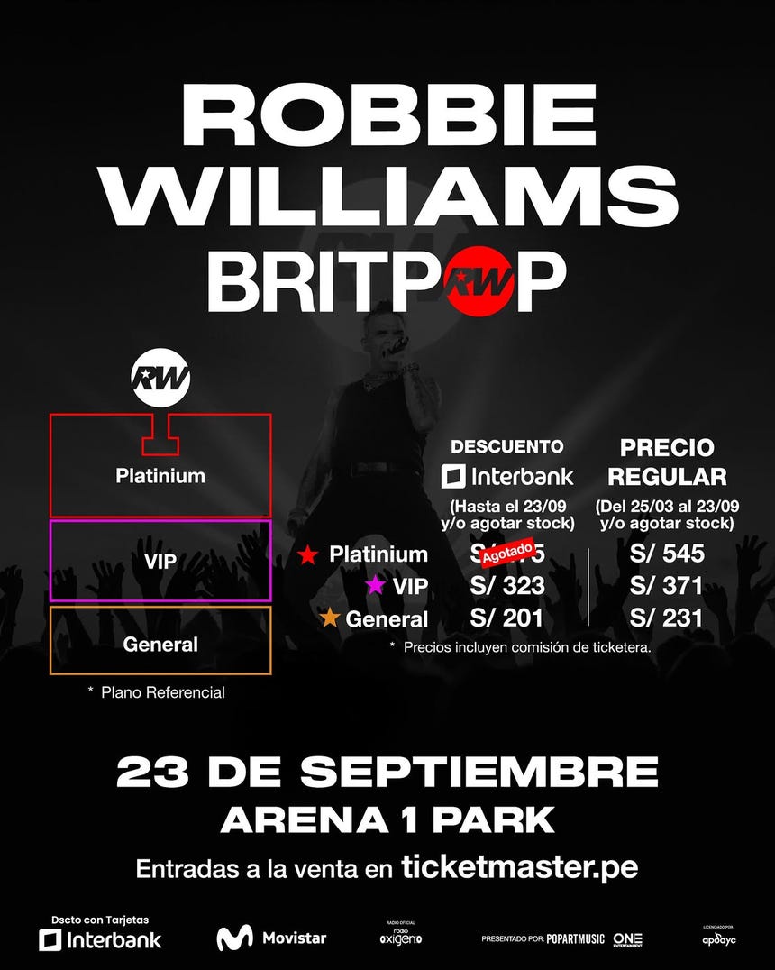 Precios de entradas para el segundo concierto de Robbie Williams el 23 de setiembre.