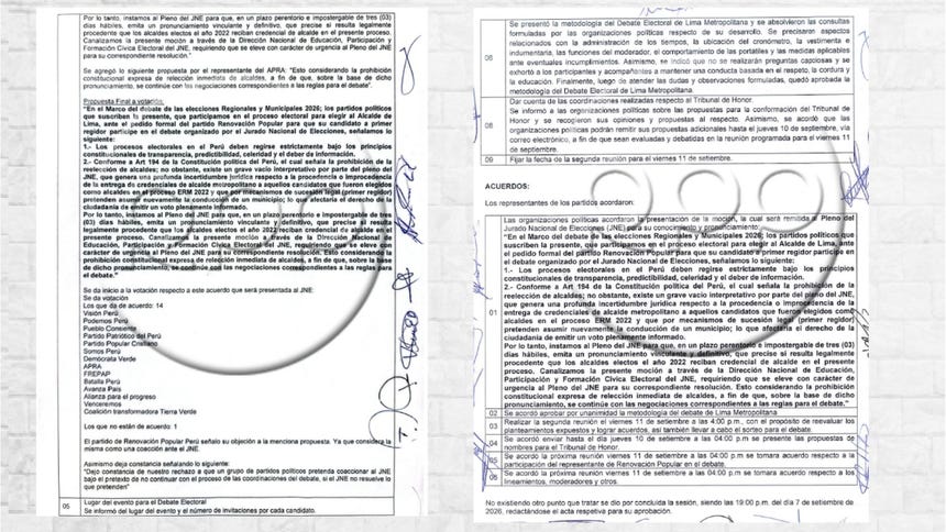 Extracto del acuerdo firmado por 14 partidos políticos, que solicita al JNE pronunciarse sobre la credencial de alcalde para primeros regidores.