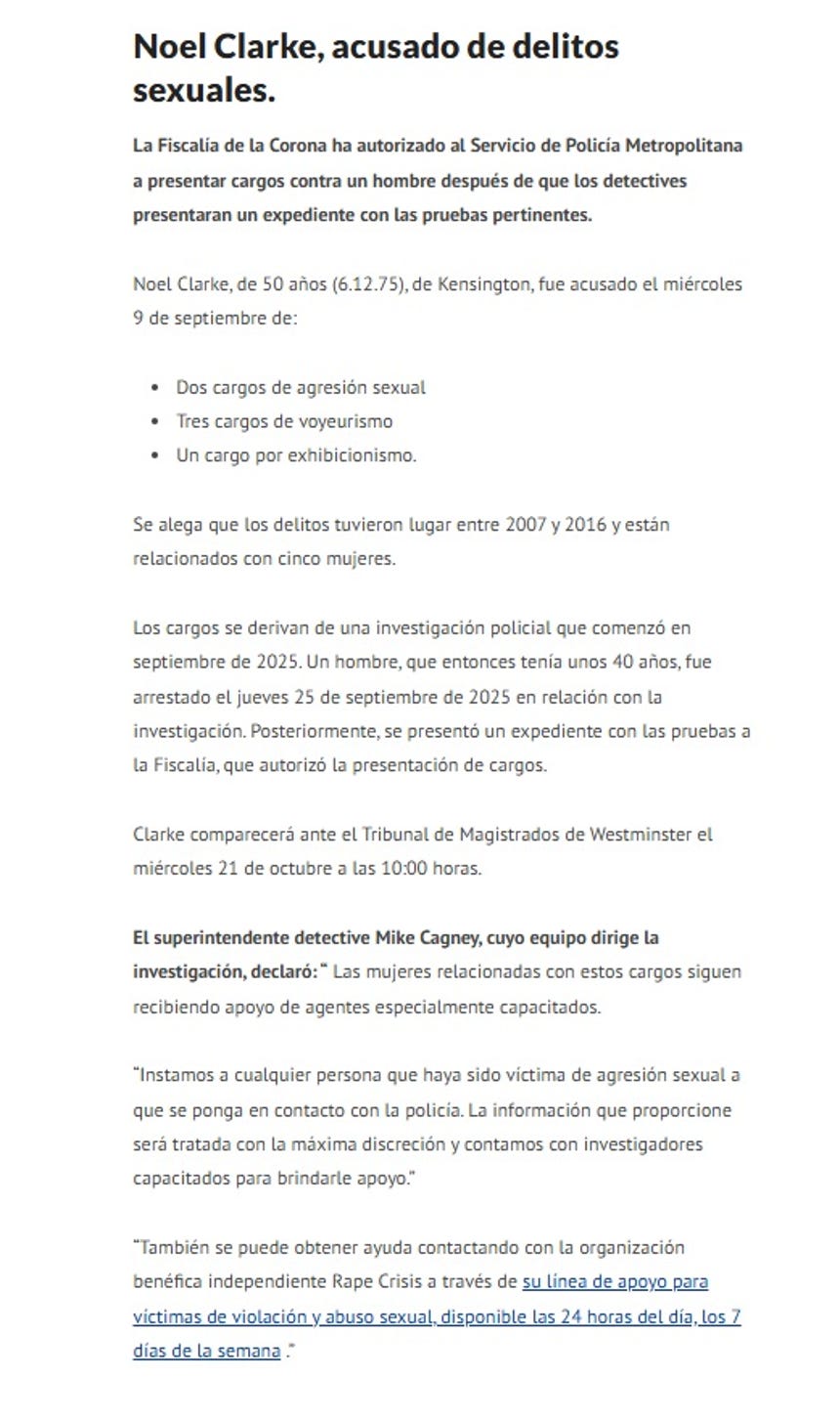 La Policía Metropolitana de Londres (Met Police) emitió este comunicado por el caso que se le sigue a Noel Clarke.