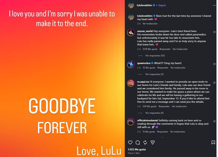 Última publicación de LuLu LoveBottom en su cuenta de Instagram.