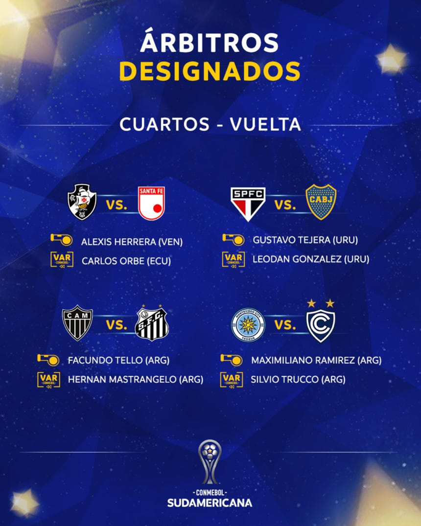 Los árbitros para la vuelta de cuartos de la Sudamericana.