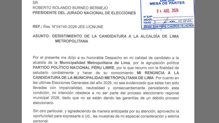 Rubén Ramírez presentó el 4 de agosto su renuncia a la candidatura de Perú Libre a la Alcaldía de Lima. En su carta, cuestionó las garantías del proceso electoral.