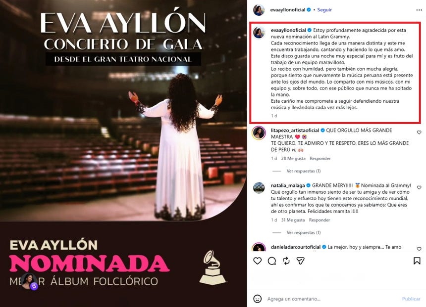 Eva Ayllón destacó su nominación a los Latin Grammy 2026 en sus redes sociales.