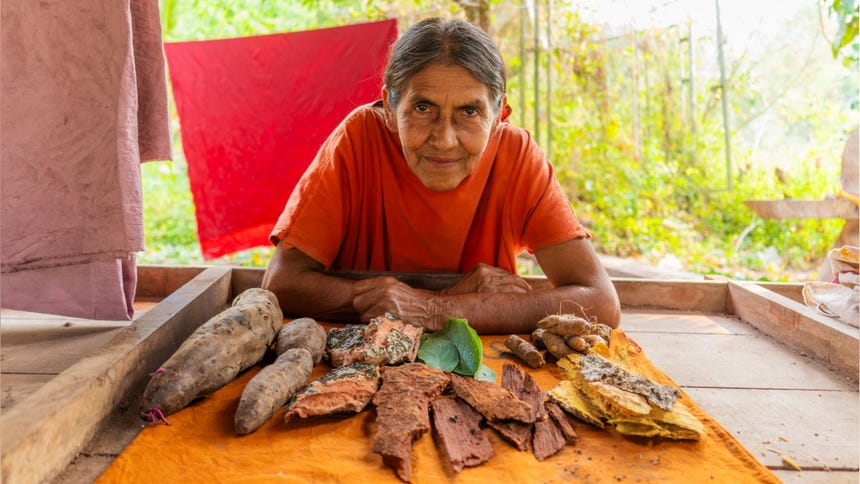 Maestra asháninka junto a los insumos naturales utilizados para el teñido de telas.