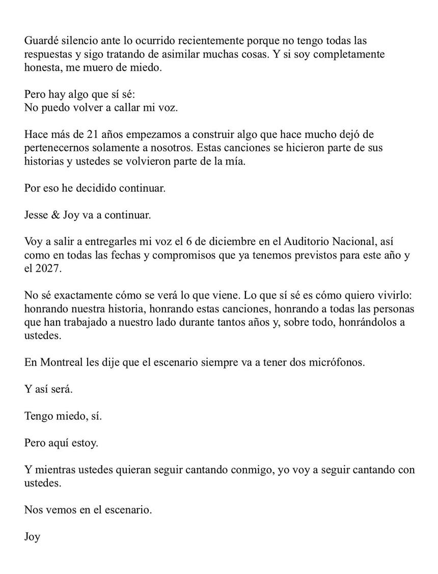 Joy Huerta confirma que seguirá cantando en las presentaciones de Jesse & Joy.