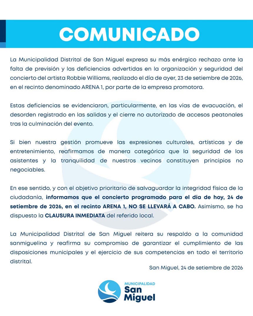 Comunicado de la Municipalidad de San Miguel sobre la postergación del segundo concierto de Robbie Williams en Lima.