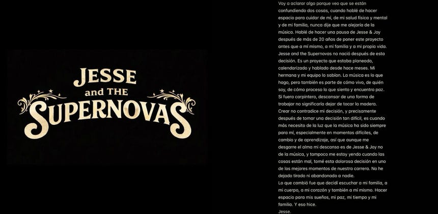 Jesse Huerta lanza proyecto musical y responde a críticas en un comunicado en redes sociales.