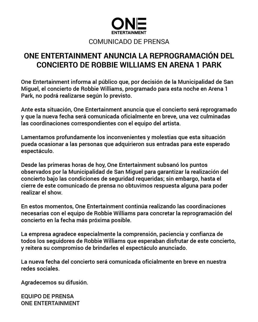 One Entertainment anuncia reprogramación del concierto de Robbie Williams.