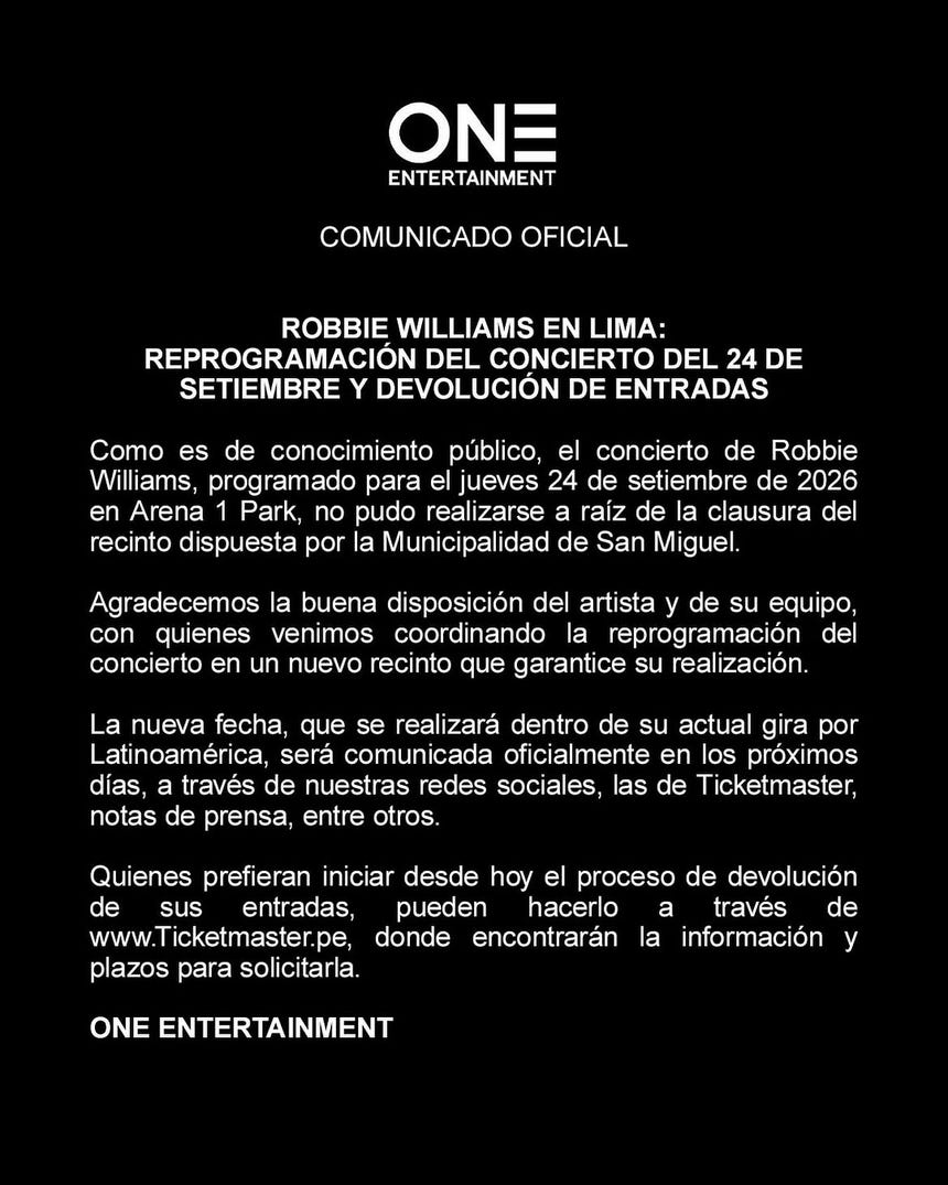 Comunicado de One Entertainment sobre el proceso de devolución de entradas.