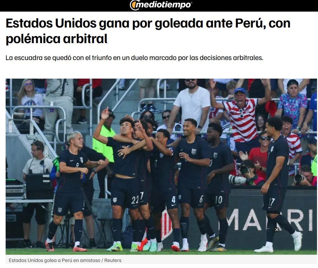<strong>Mediotiempo de México:</strong> Estados Unidos gana por goleada ante Perú, con polémica arbitral