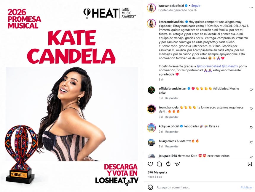 Kate Candela celebró su primera nominación en los Premios Heat Latin Music Awards.