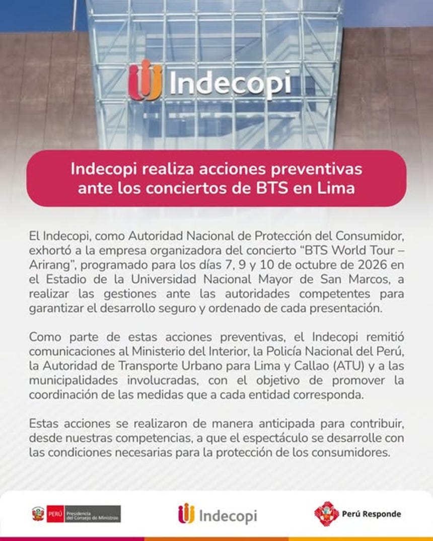 Comunicado de Indecopi sobre las presentaciones de BTS en Lima