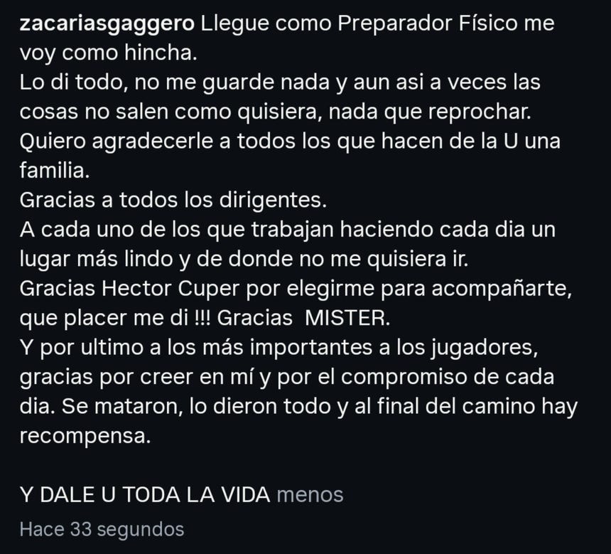 El mensaje de Zacarías Gaggero a todo Universitario.