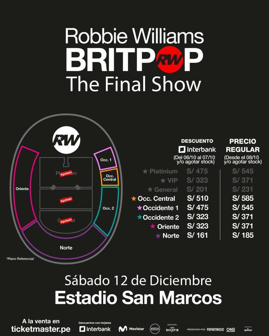 Precios de entradas para el concierto de Robbie Williams en el Estadio San Marcos.
