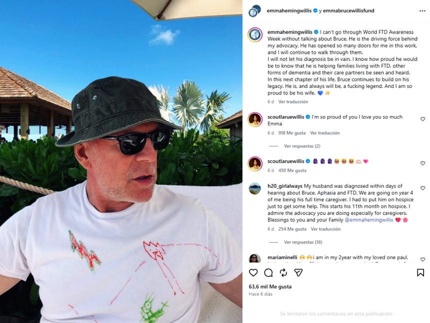 Emma Heming publica nueva foto de Bruce Willis y hace una reflexión sobre la Demencia Frontotemporal.