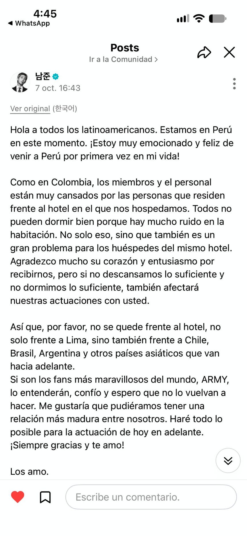 Kim Namjoon, RM, líder de BTS, mandó un mensaje en Weverse antes de concierto en estadio San Marcos.