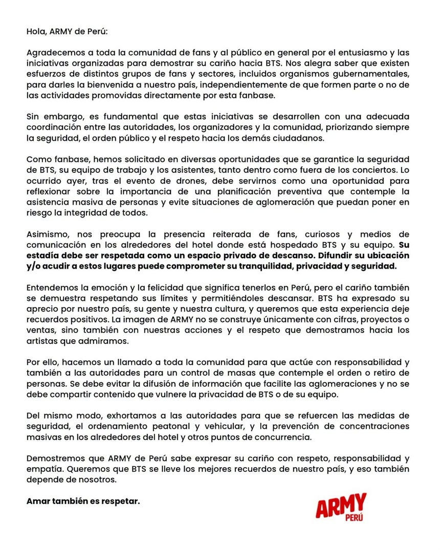 ARMY Perú pide respetar la privacidad de BTS tras aglomeraciones en su hotel de Lima