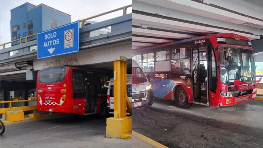 ¡Hasta cuándo! Un bus de la empresa ‘El Rápido’ quedó atascado bajo el puente de la avenida La Marina