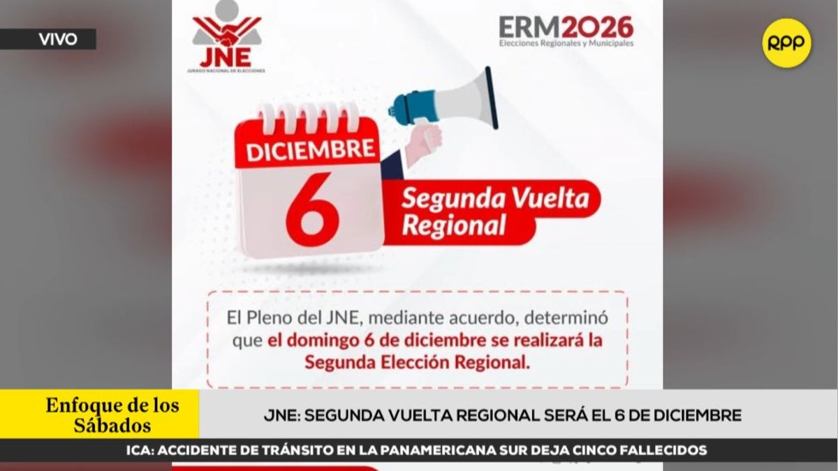 Pleno del JNE acordó que el 6 de diciembre se realice la segunda vuelta regional 2026