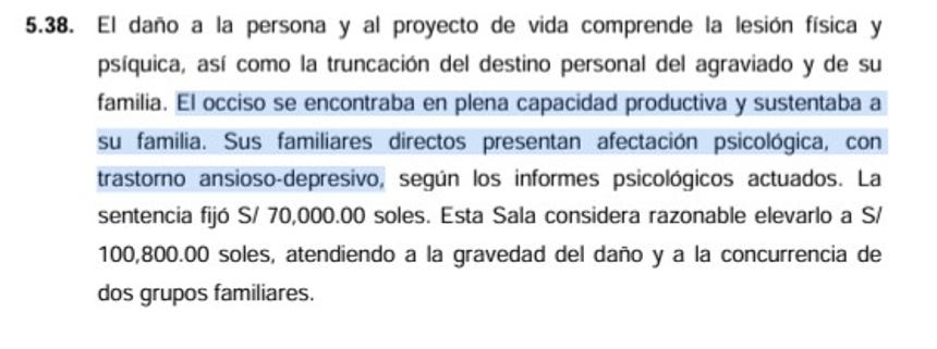 Uno de los argumentos del juzgado para elevar el monto de la reparación civil. 