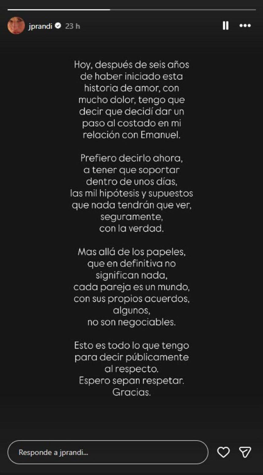 Comunicado de Julieta Prandi anunciando su separación del cantante Emanuel Ortega.