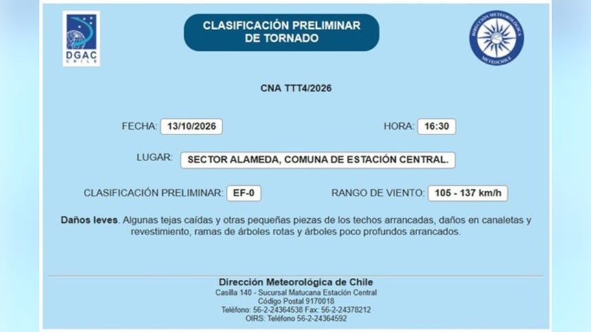 Dirección Meteorológica de Chile informa clasificación sobre tornado en Santiago