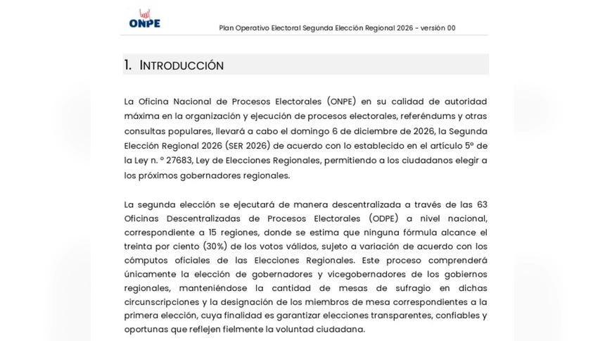 Imagen de un extracto del Plan Operativo de la segunda vuelta regional de la ONPE 