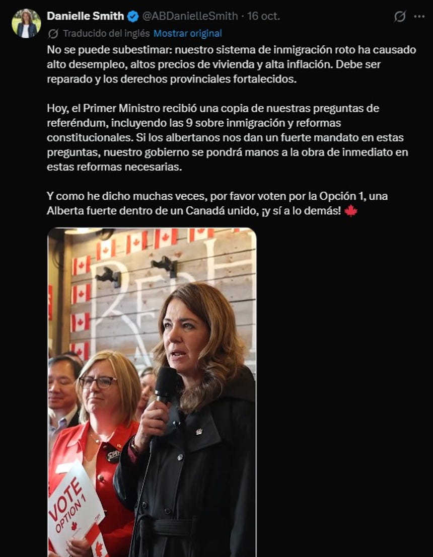 La primera ministra de Alberta, Danielle Smith durante un encuentro con el primer ministro canadiense Mark Carney el último 16 de octubre. 
