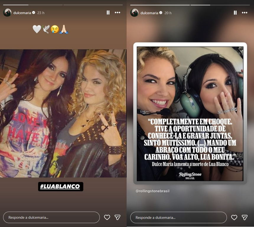 Dulce María compartió fotos junto a la actriz brasileña Lua Blanco y lamentó su muerte.