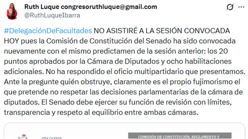 Ruth Luque no asistirá a la sesión de la Comisión de Constitución del Senado este lunes, 19 de octubre.