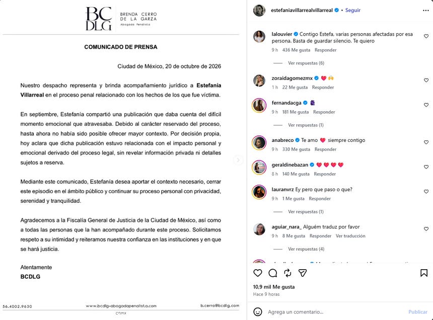 Comunicado de prensa difundido por la actriz Estefanía Villarreal junto a su equipo legal.
