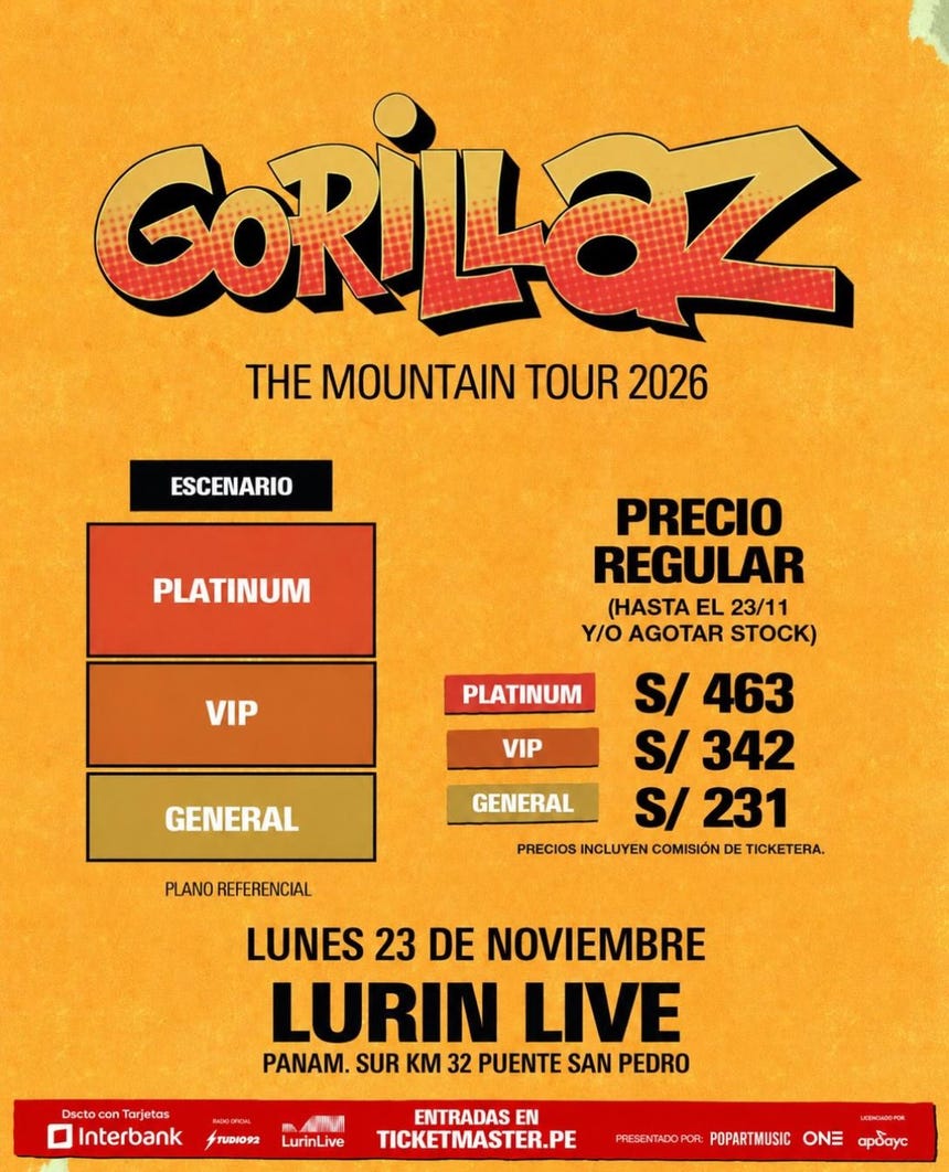 Precios de entradas para el concierto de Gorillaz en Lurín Live, en la Panamericana Sur.