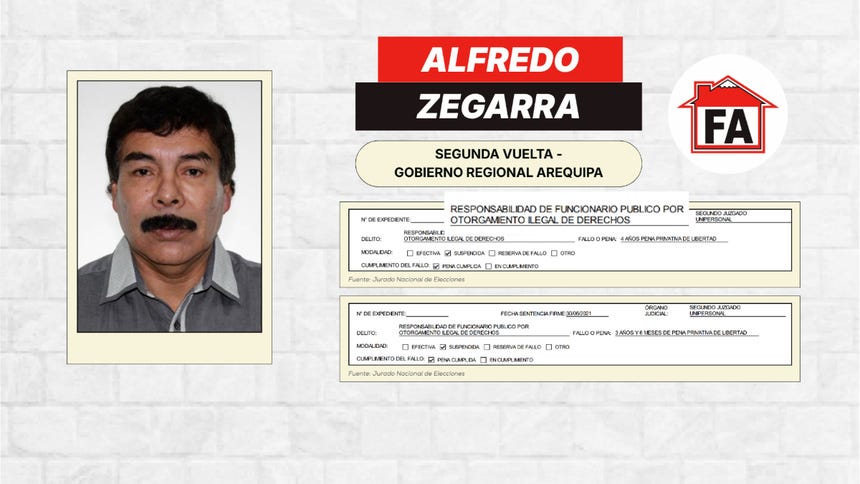 Alfredo Zegarra se disputará el sillón regional en Arequipa. Regsitró dos condenas en su hoja de vida. 