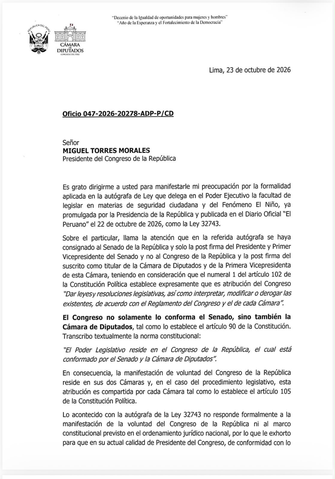 Óscar Reto le pide a Miguel Torres corregir la publicación de la ley de facultades donde no se consigna su firma