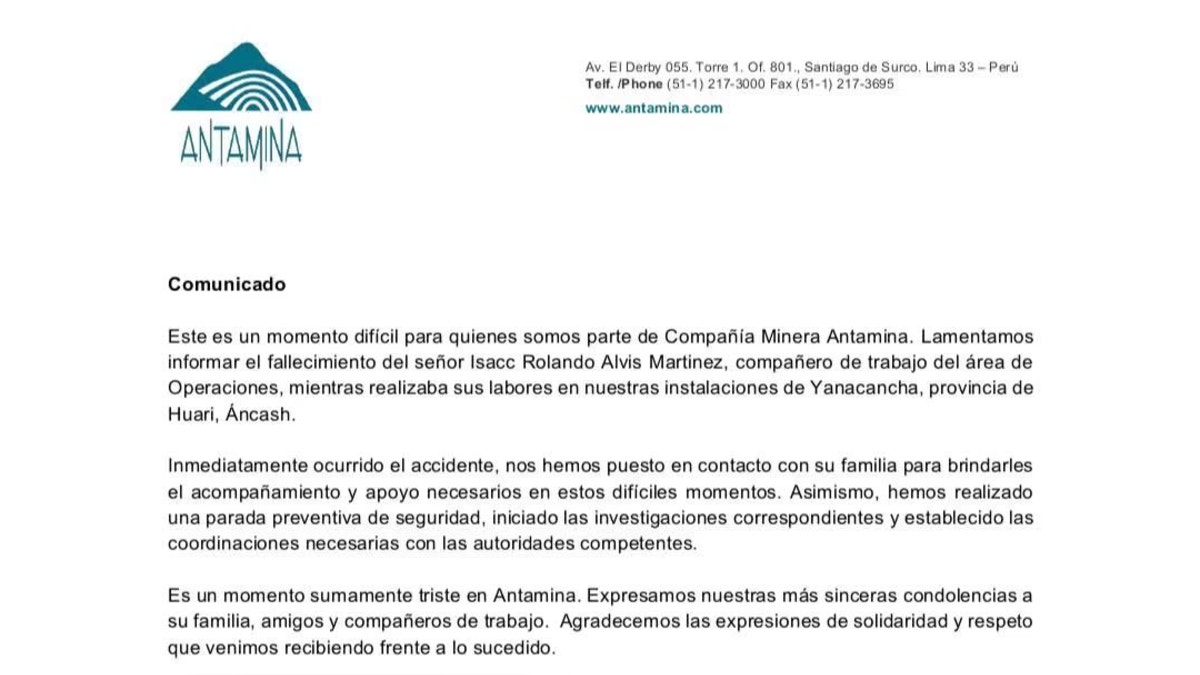 Áncash: trabajador de Antamina pierde la vida mientras realizaba labores