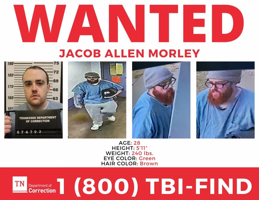 Afiche del Departamento Correccional de Tennessee con el aviso de 'Se busca' tras la fuga de Jacob Morley. 