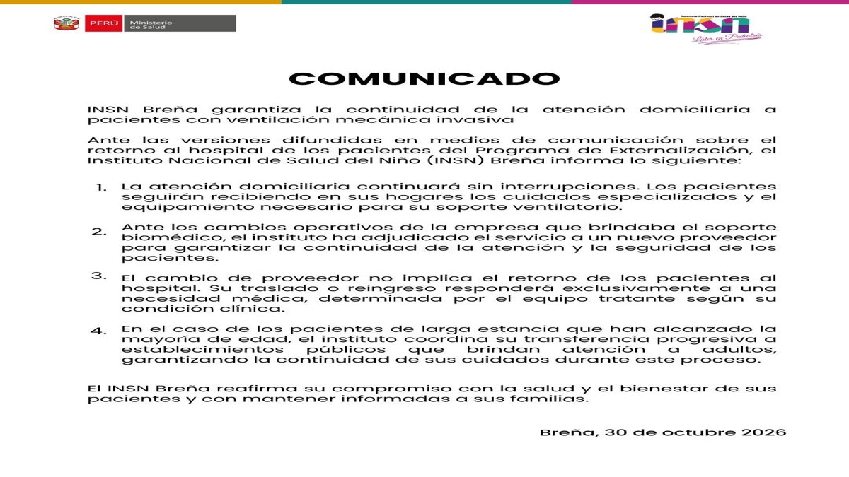 INSN Breña asegura continuidad de atención médica domiciliaria para joven con ventilación mecánica